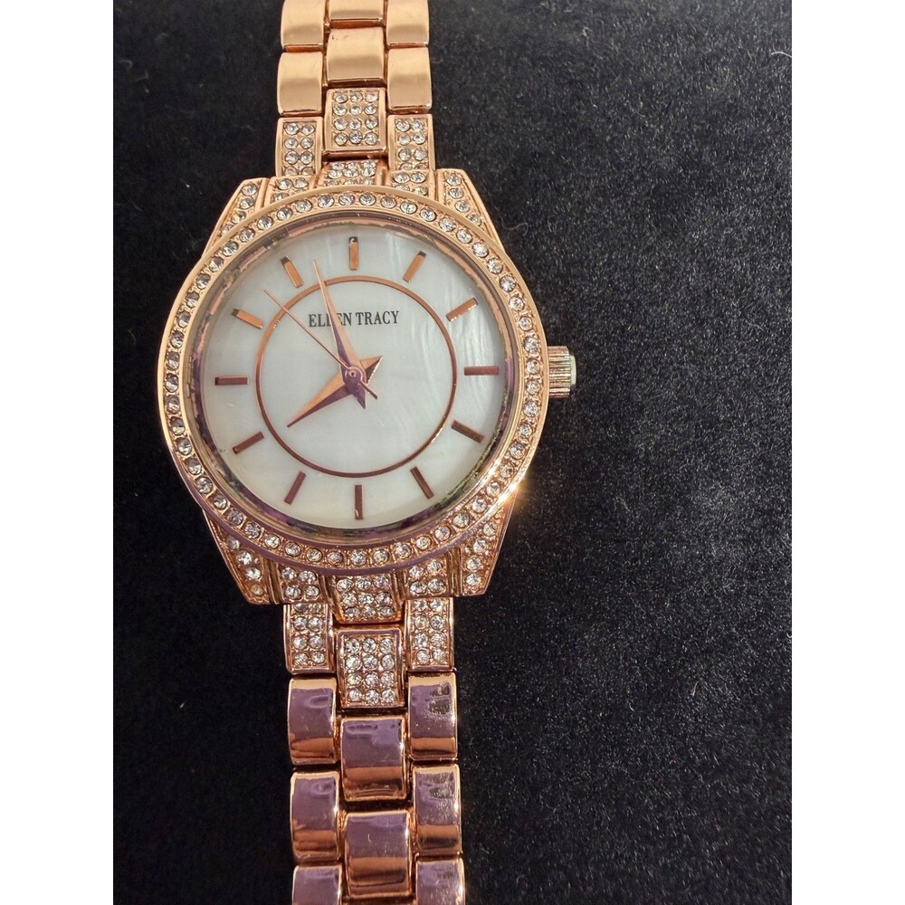 Ellen Tracy Quartz Gold Color with Crystal Ladies Watch7 1/2” New Battery $40